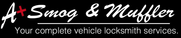 Logo for "A+ Smog & Muffler" with the tagline "Your complete vehicle locksmith services" on a black background.